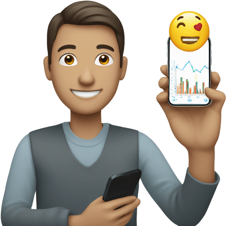 smiling person smartphone showing charts emoji