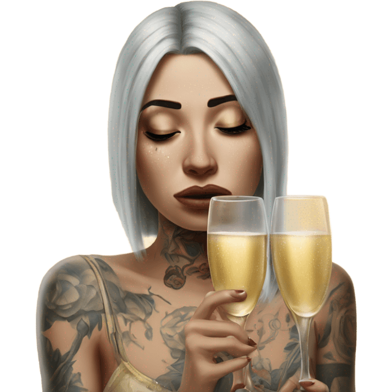 Hyper Realistic Beautiful tattooed woman crying sadly holding champagne  emoji