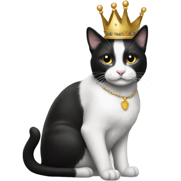 black and white cat sitting and wearing a crown emoji