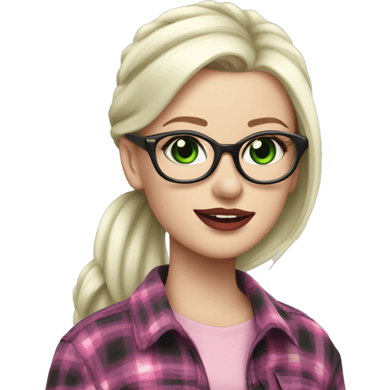 Pale white girl, platinum blonde hair in a pony tail, sinister, green glasses, pink lips, flannel top emoji