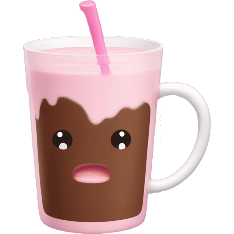 A mug with pink strawberry milk and chocolate milk mixed in half emoji