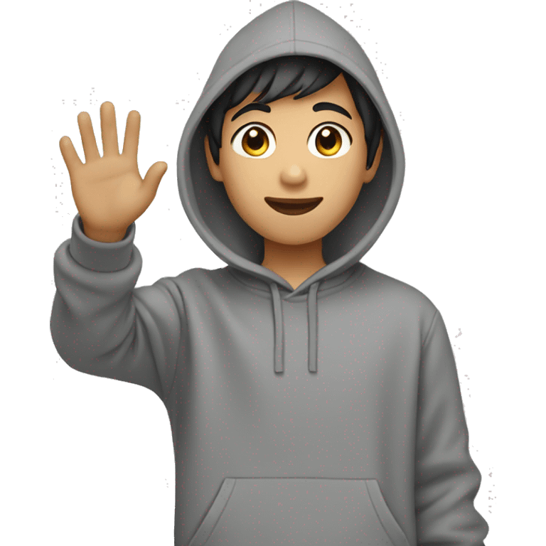 asian boy in grey hoodie waving emoji