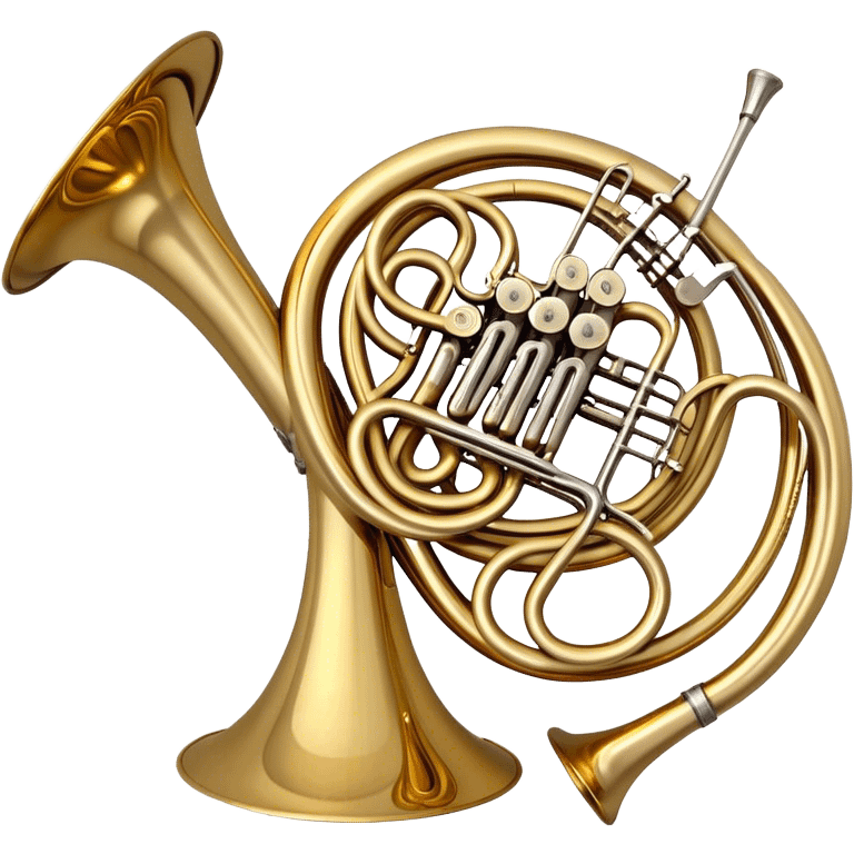 Create a refined and elegant emoji representing the Arnolds & Sons AHR-350 French horn. The design should feature the instrument's beautifully coiled brass body with its distinct flared bell, showcasing the high-quality craftsmanship. Include delicate details like the tuning valves, finger buttons, and elegant brass finish. Add subtle musical notes around the horn to symbolize its melodic sound. Use warm golden and brass tones to convey the luxury and professional quality of the instrument. The background should be transparent emoji