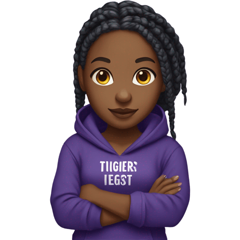 Black girl with box braids wearing a dark purple hoodie that displays the words "Go Tigers!" on it emoji