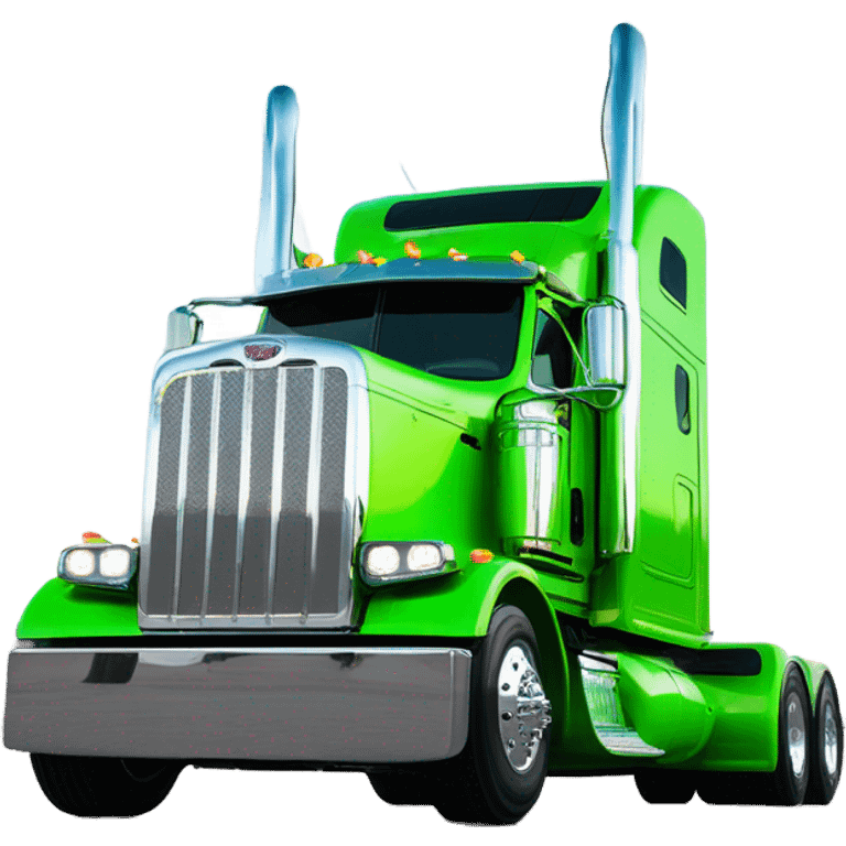 neon green peterbilt semi truck lowered on the ground with large chrome wheels and chrome smoke stacks profile view emoji