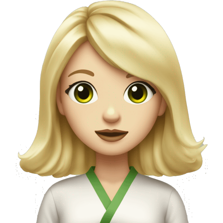 A blonde girl with slightly wavy air-touch hair and curtain bangs and green eyes eats sushi emoji