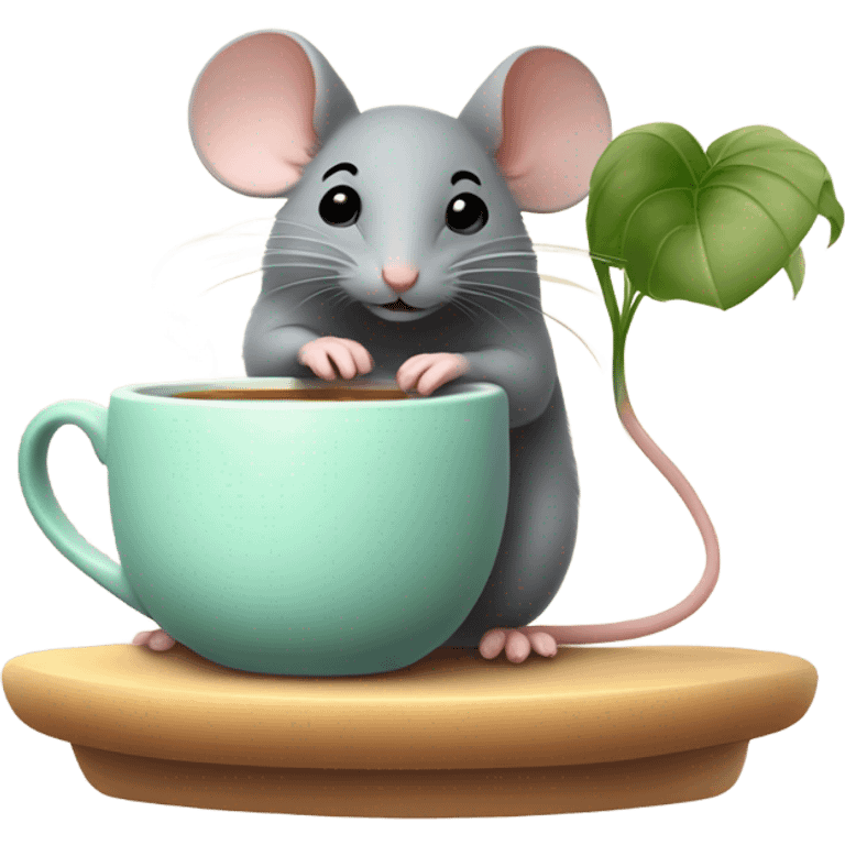 Cute mouse with a houseplant and cup of tea emoji