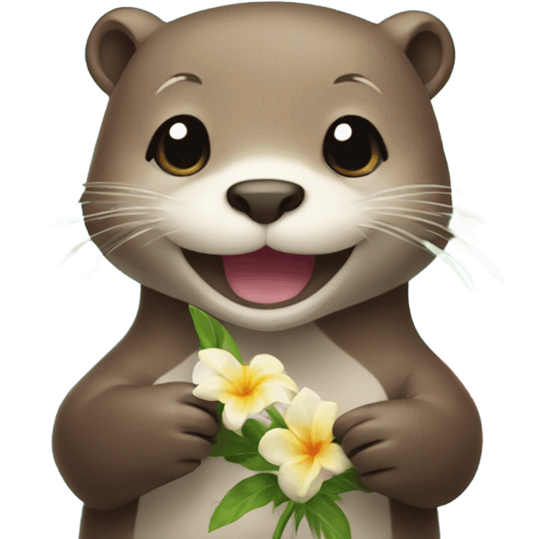 A happy and cute otter face holding a Hawaiian flower emoji