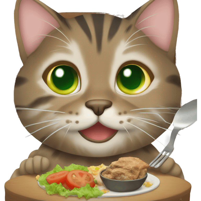 A brown tabby cat with green eyes eating dinner emoji