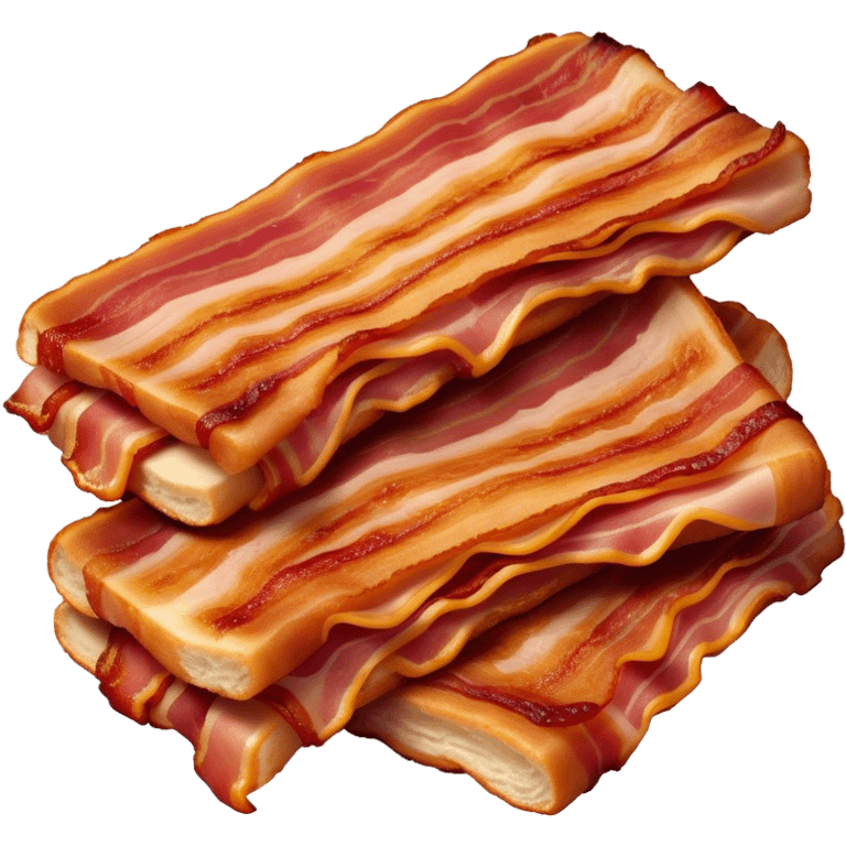 Cinematic crispy sizzling bacon, slightly curled, golden-brown with a perfect crunch, glistening with rich flavor, deep warm tones, served on a breakfast plate, comforting and indulgent. emoji