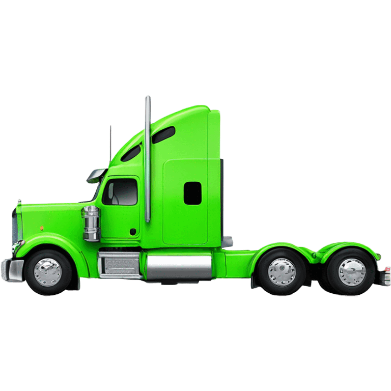 neon green peterbilt semi truck lowered on the ground with large chrome wheels and chrome smoke stacks profile view emoji