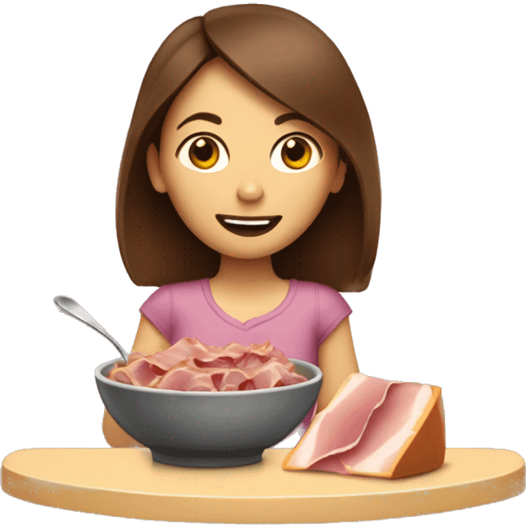 Girl with brown hair eating a Bowl with ham, cheese, and olives  emoji