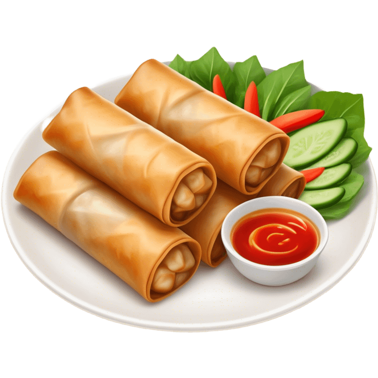 Spring Rolls Cinematic Realistic Spring Rolls Dish Emoji, depicted as 2 perfectly crisp spring rolls served with dipping sauce, rendered with lifelike textures and dynamic, appetizing lighting. emoji