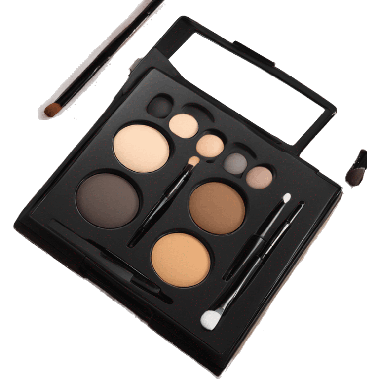 “Four smooth neutral eyeshadow shades in a sleek black case, paired with a mirror and applicators, perfect for a polished look.”  emoji