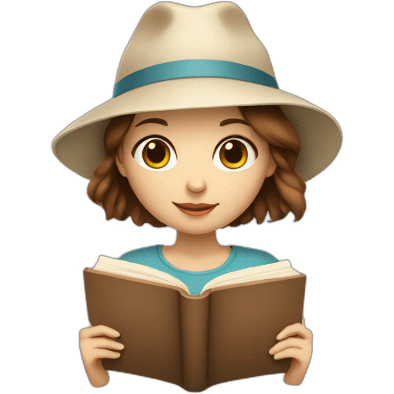 white skin, Girl with a hat, brown hair straight to the shoulders, holding a book emoji