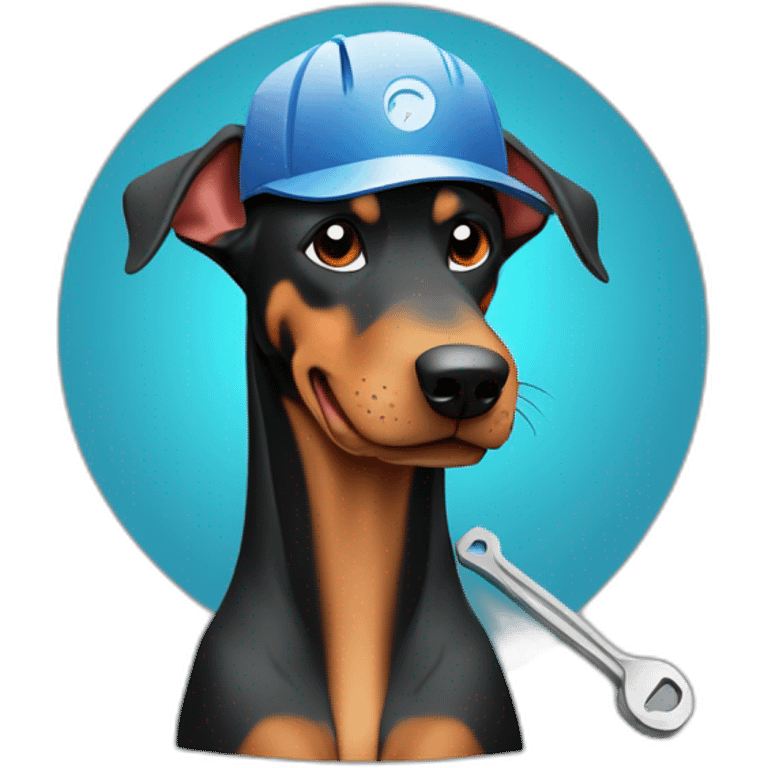 smiling doberman sitting with worker hat holding a wrench in it's paws to remediate a code problem emoji