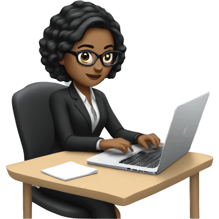 white girl with black hair wearing glasses working on apple laptop with classic suit emoji