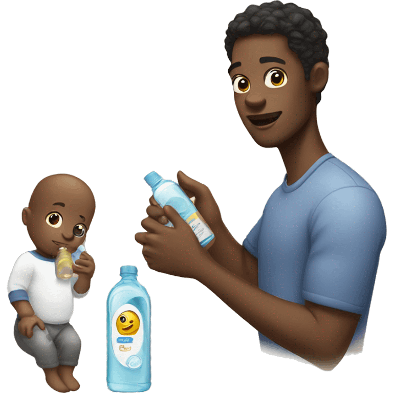 Black male holding a baby and a bottle of baby oil emoji