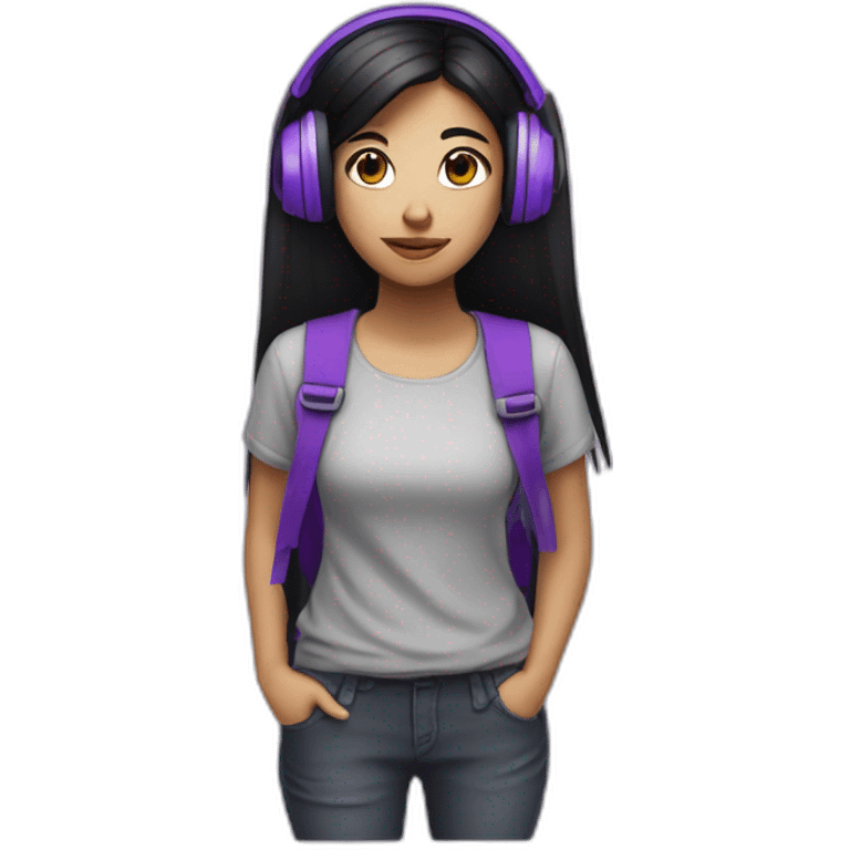 a depressive girl with purple headphones and straight black hair she will have a purple backpack the hair will be parted in the middle and long and the t-shirt will have a text emoji