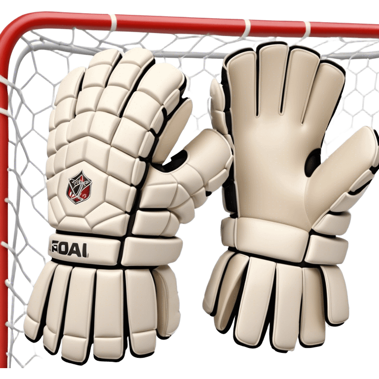 Cinematic Realistic image of goalie gloves showcasing detailed fabric textures and intricate grip patterns, rendered against a blurred goal backdrop with focused, high-contrast lighting that accentuates their essential design emoji