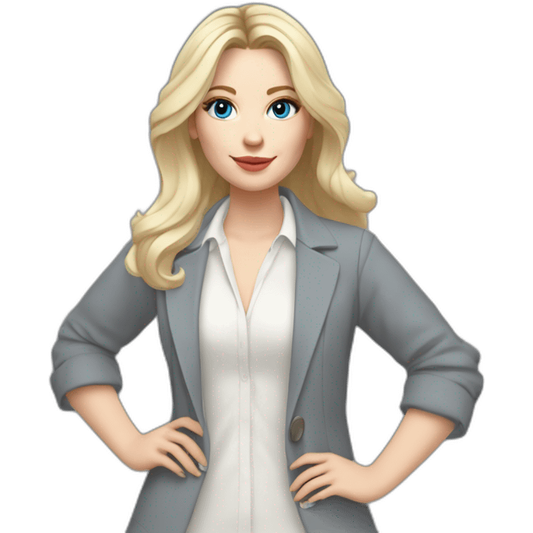 pale skin woman interior designer with cold blonde middle length hair, blue eyes, White blouse, Gray oversize jacket, Gray skirt holding a color palette in the hands emoji