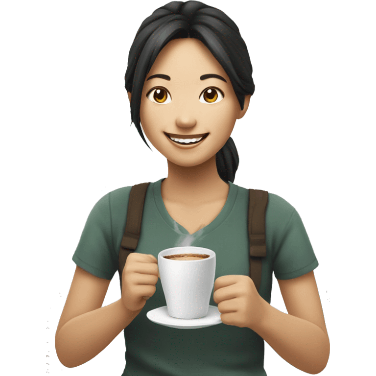 happy asian girl and grabbing coffe emoji