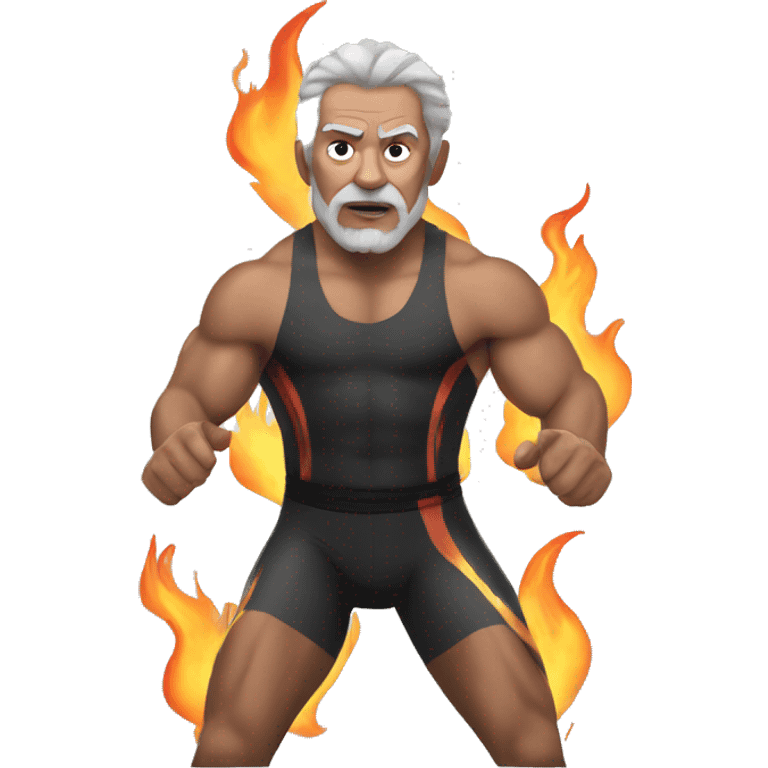 older wrestler with brownish gray hair, flames on tights emoji