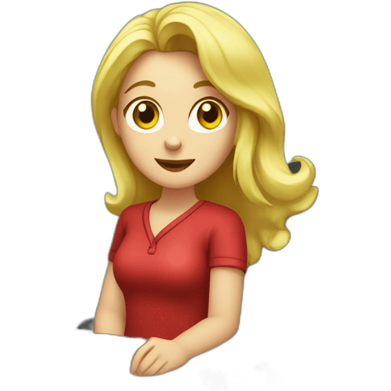 Girl, blonde hair, wearing red shirt, sitting at a black desk, wrapping chocolate candies, solid green background emoji