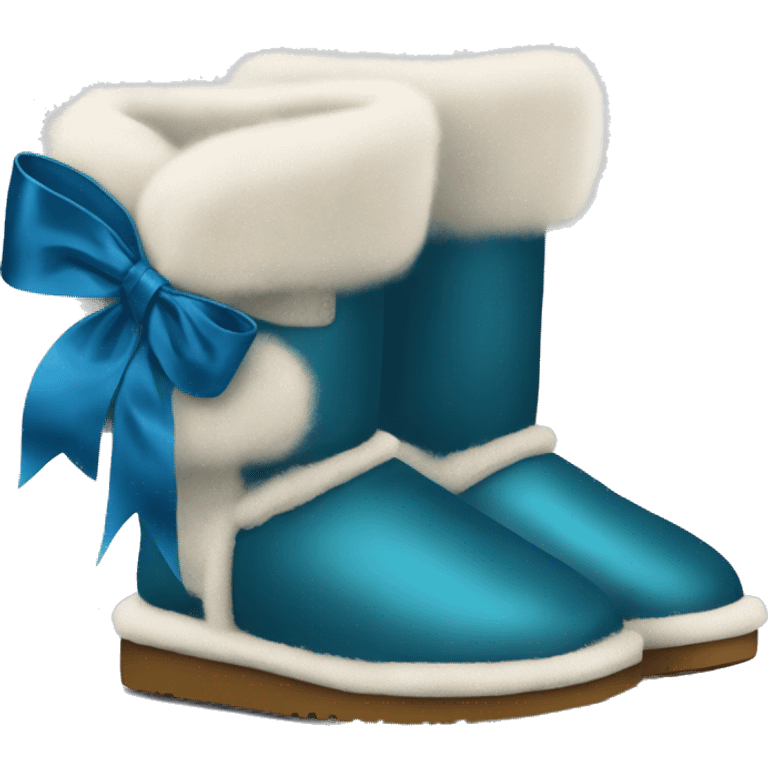 Tall Pair of peacock blue fur Ugg boots with silk ribbon bow. emoji