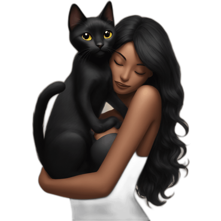 black cat hanging on beautiful black haired woman chest emoji