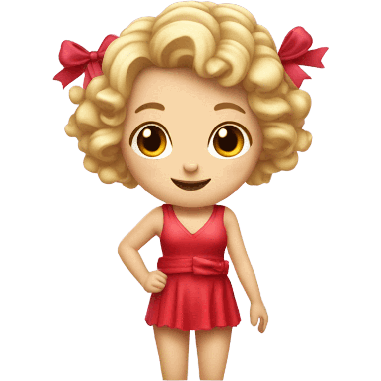 Realistic isolated Caucasian female cupid character with short curly blonde hair holding up peace fingers with red and pink outfit and red bow in her hair. emoji