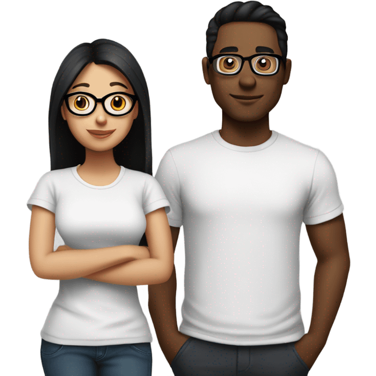 a couple. Man with side part black hair, wear a black T shirt. Girl with long brown hair,wear a white T-shirt, have a round glasses emoji