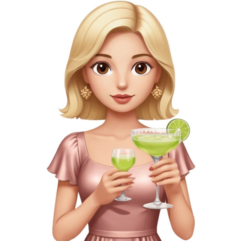 Pretty Blonde model, brown eyes, wearing a rose gold dress with short sleeves, with a margarita glass emoji