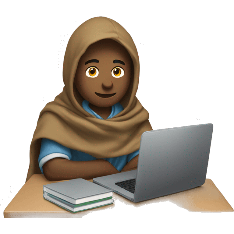 male student sitting at a school desk with a big blanket wrapped around shoulders working on chromebook emoji