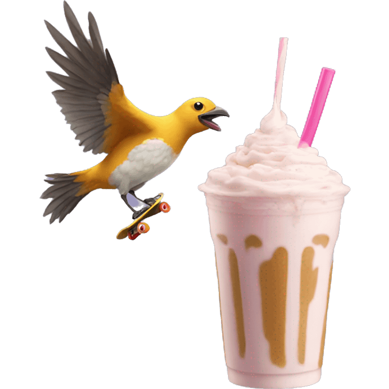 Bird skateboarding while drinking a milkshake emoji