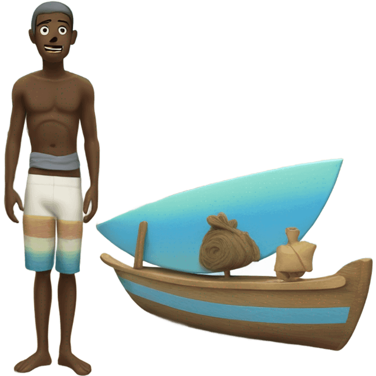 Surfer in front of a boat called indies trader emoji