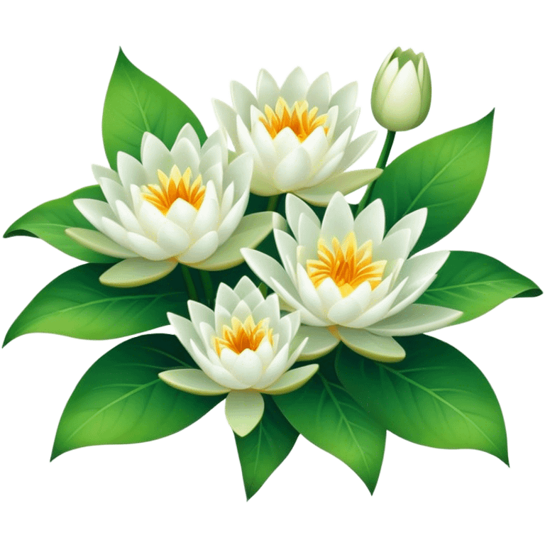 luxuriant, bouquet white Water Lily, stem, Water Lily leaf emoji