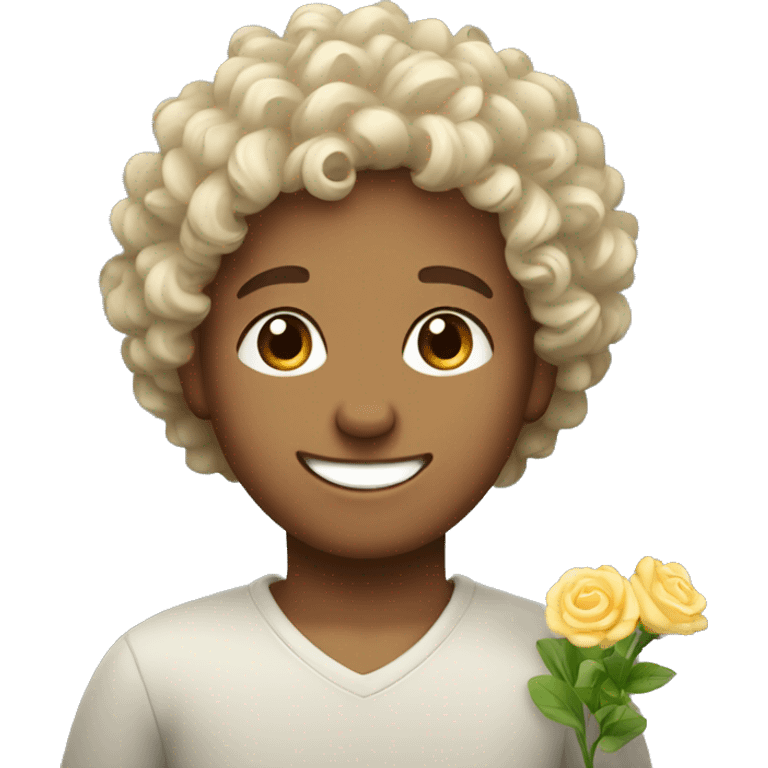 smiling curly hair boy with flower vase emoji