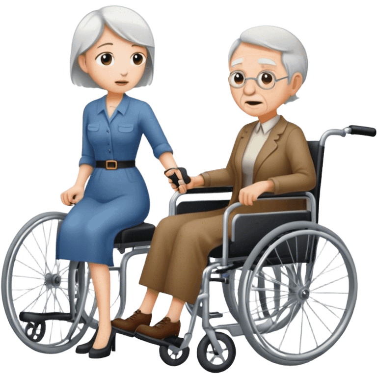 Woman with a knife in one hand, pushing with the other a wheelchair with an old man emoji