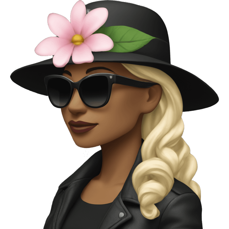  woman wearing a black hat adorned with a white flower and smaller decorative flowers. She is also wearing black sunglasses and a shiny pink jacket over a black top. She appears in a side profile pose , her head slightly tilted back. White skin emoji