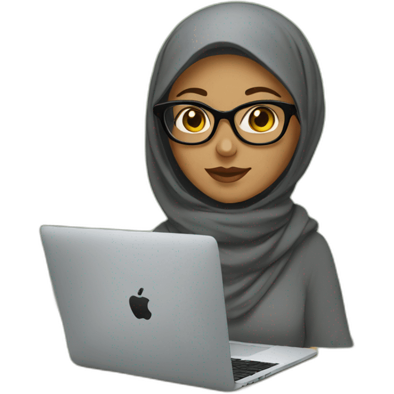 Girl with hijab and glasses using macbook emoji