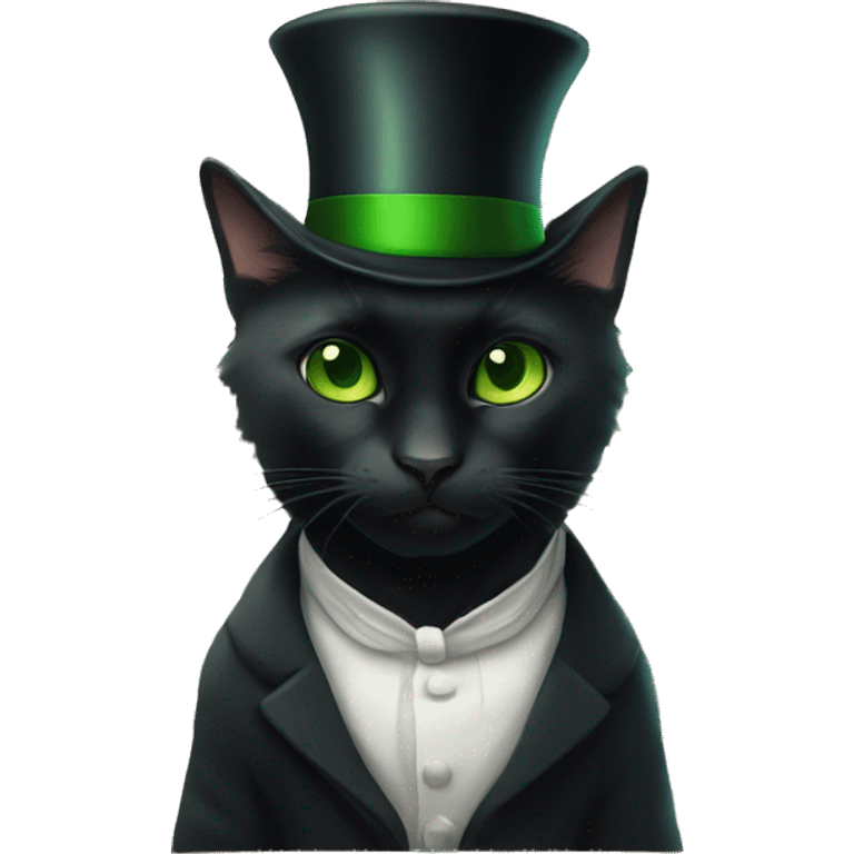 black cat with green eyes in a top hat and with a book emoji