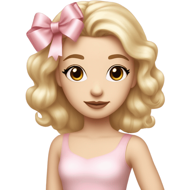 Pale super white women wearing a ballerina dress with soft pink makeup, ballerina shoes, a big ribbon, and cute tiny ribbon blonde hair  emoji