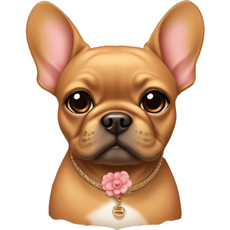 A caramel color frenchie with a collar in shape of a flower emoji