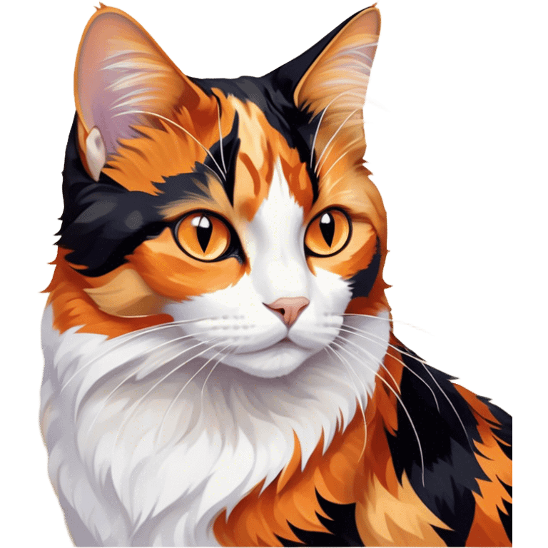 Cinematic Noble Calico Cat Portrait Emoji, Poised and regal, with a striking patchwork fur in vibrant orange, black, and white hues, delicate whiskers and a refined, focused gaze, simplified yet exquisitely detailed, glowing with a soft, moonlit radiance and an air of aristocratic elegance, high shine, exuding dignified intelligence and poised authority, soft glowing outline, capturing the essence of a watchful and noble calico cat that appears ready to grace the screen with effortless majesty! emoji