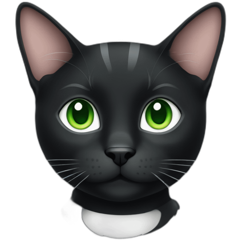 A black cat with green eyes with a white mustache, a white stripe on its nose, a full-length white breast and white paws emoji