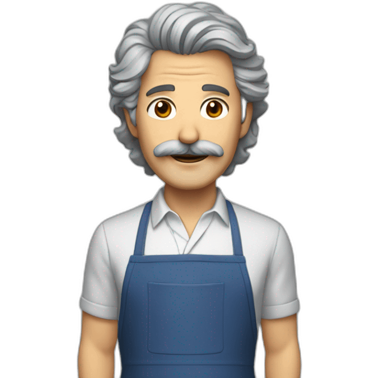 Mature man, gray shaggy hair, brown eyes, mustache, apron emoji