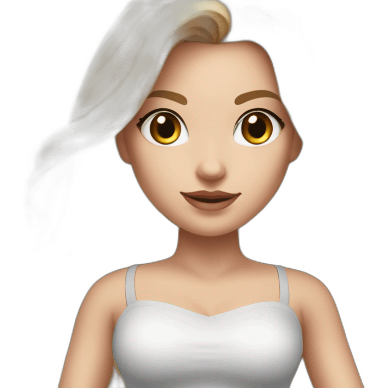 hyperrealistic caucasian long blonde hair brown perfect eyes woman white v-neck strapless top gray tight mini skirt walking towards camera emoji