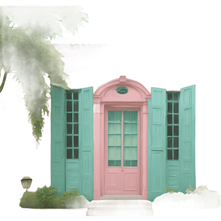 full view on a pink with green shutters and light blue door 19th century villa  emoji