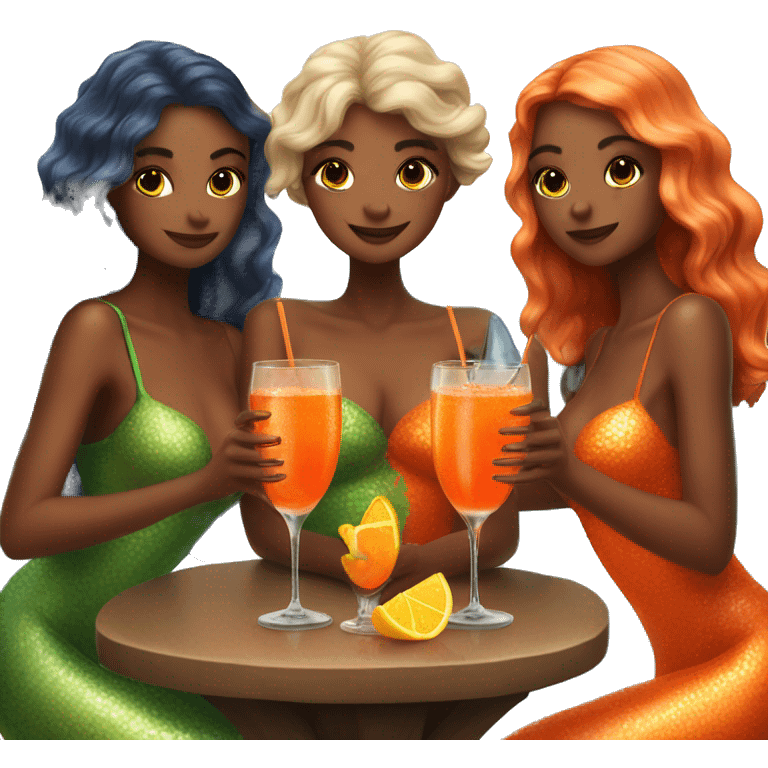 Three beautiful bright skin mermaids drinking aperol emoji